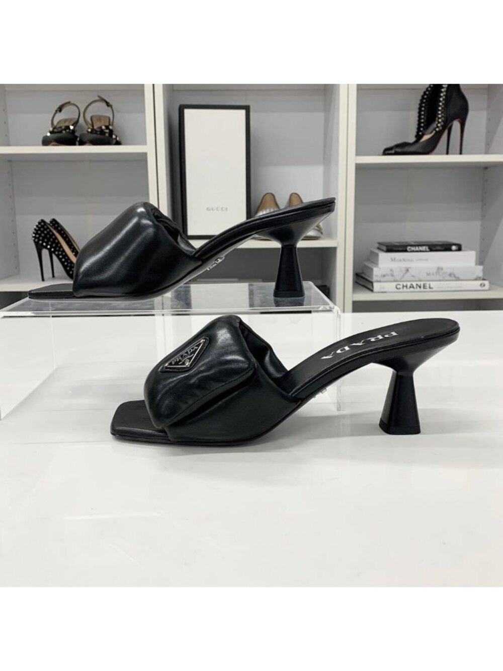 Prada Triangle Logo Padded Nappa Leather Sandals Black - Picture 2 of 10